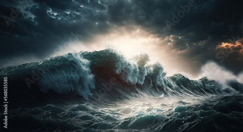 Ocean Stormy and Dramatic with Gushing Waves - Generative AI © Chrixxi