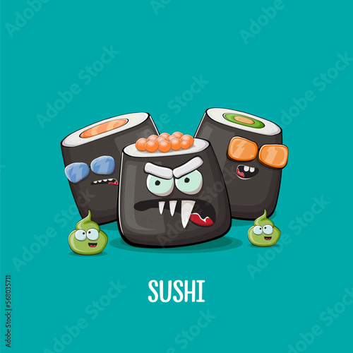 Vintage sushi poster design template with sushi cartoon characters and wasabi. Vector funny kawaii sushi set isolated on turquoise background. Asian food illustration for Japanese cuisine, Sushi bar.