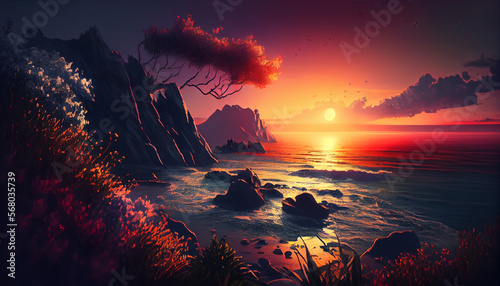 Nature landscape with a sunset over the ocean