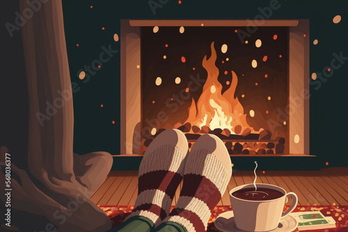 Feet in woollen socks by the Christmas fireplace. Woman relaxes by warm fire with a cup of hot drink and warming up her feet in woollen socks. Close up on feet. Winter and Christmas holidays concept photo