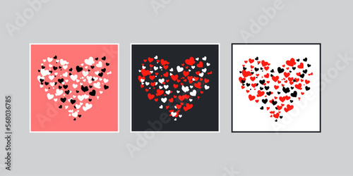 Valentine's day postcard, a big heart made of a lot of little hearts. Cute Frame Illustration, blank template isolated on different background. Vector illustration