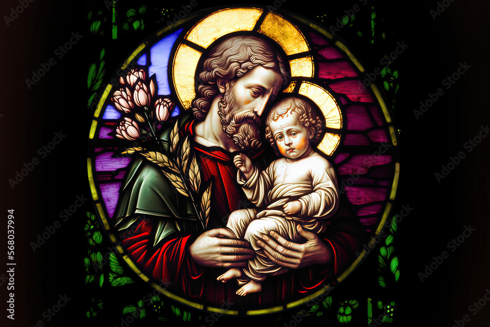 Fototapeta premium Saint Joseph holds the Christ child in his arms. Christian stained glass. Joseph of Nazareth.