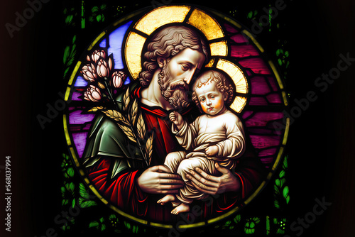 Saint Joseph holds the Christ child in his arms. Christian stained glass. Joseph of Nazareth. © Vasilii