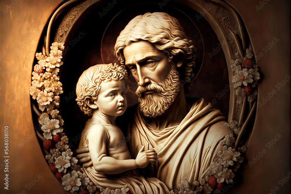 Saint Joseph holds the Christ child in his arms. Christian statue ...