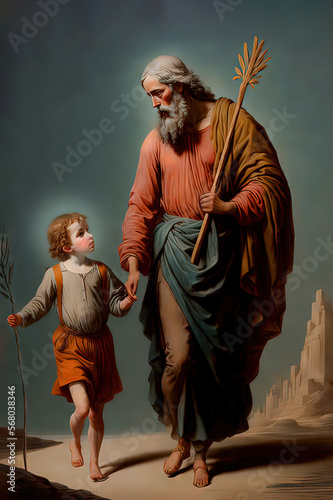Saint Joseph walks along the road with little Jesus Christ. Saint Joseph's Day.