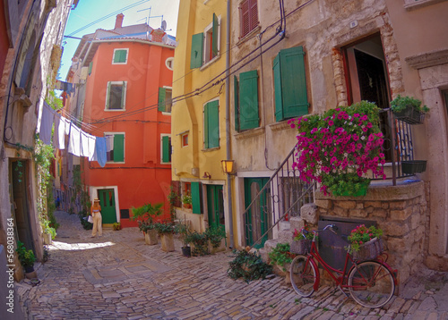 Streets of Rovinj with calm  colorful building facades  Istria  Croatia