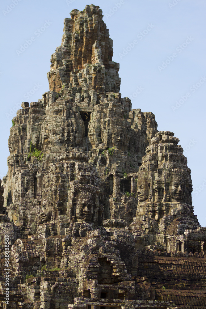Massive faces carved into the rock of the ancient Bayon Temple in Siem Riep, Cambodia.