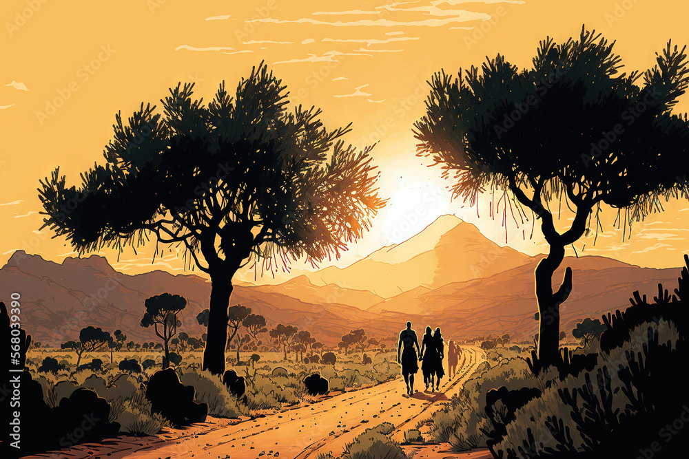 A couple is seen walking down a dirt road amid olive trees at sunset, with mountains in the backdrop. Generative AI