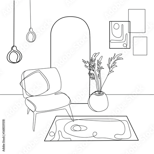 The stylish boho composition at living room interior design with an armchair,mirror,vase with reeds, tylish lamps and abstract posters.Line art drawing.Boho chic Cozy apartment.Home decor vector 