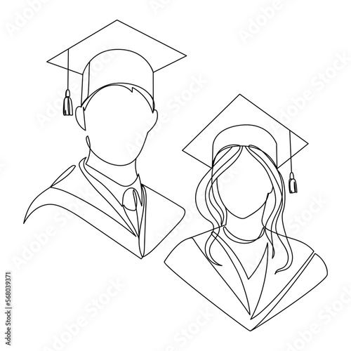 Line art Students graduates in square academic caps sketch drawing vector illustration.Man and woman graduates continuous line abstract portraits,icons,emblems.Graduation,Education concept