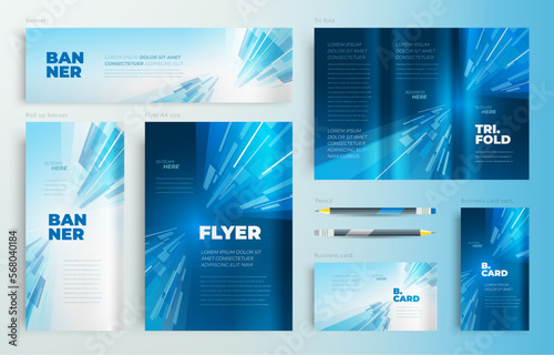 Corporate blue lines actions style Set flyer cover, tri-fold, banner, roll up banner, business card
