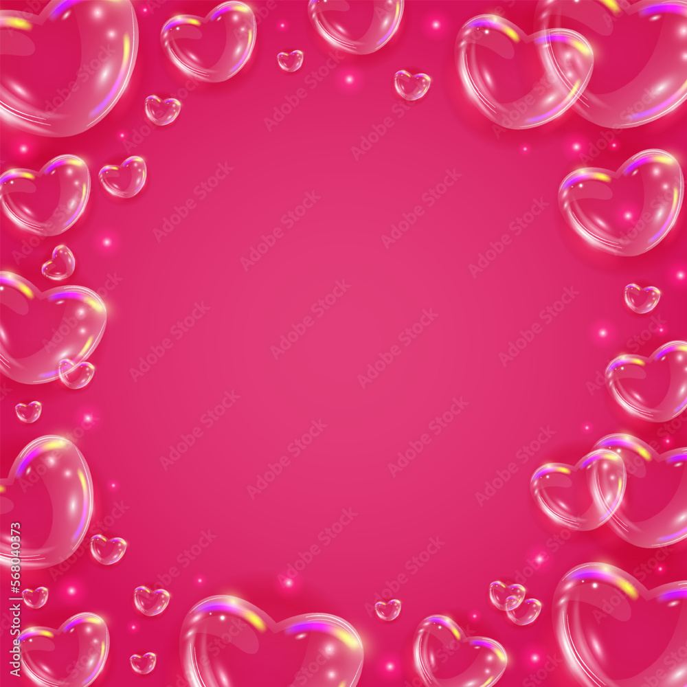 Glossy rainbow soap bubble hearts background. Realistic transparent 3d hearts on pink background. Valentines day banner.