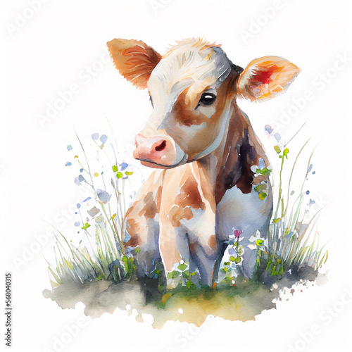 Cute cow grazing in the floral field. Watercolor illustration created with Generative Ai technology