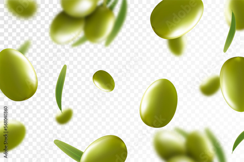 Olives background. Flying or falling olives isolated on transparent background. Can be used for advertising, packaging, banner, poster, print. Realistic 3d design. Nature product. Vector illustration