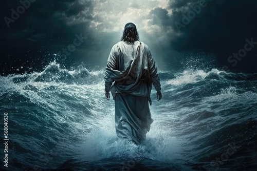 Leinwand Poster An Uplifting Tale Jesus Walking on Water Across the Sea of Galilee clouds and st