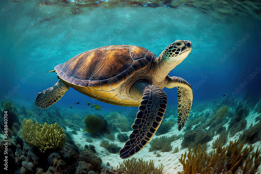 Obraz premium On Lady Elliot Island, a turtle dives back to the reef in a little lagoon. Generative AI