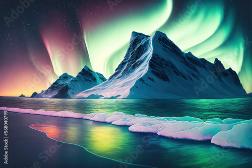 Amazing Artwork of an Arctic Seascape with Polar Lights in the Background. Beautiful Photo of the Aurora Borealis Over a Northern Landscape. Amazing Antarctic Scenery Background Image. Generative AI © 2rogan