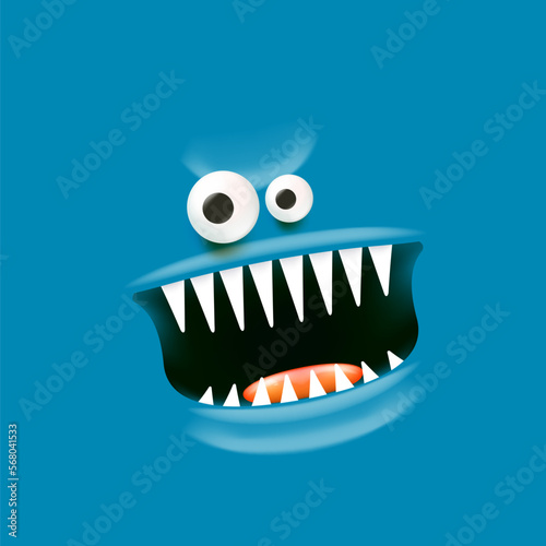Vector funny angry blue monster face with open mouth with fangs and evil eyes isolated on blue background. Halloween cute and angry monster design template for poster  banner and tee print