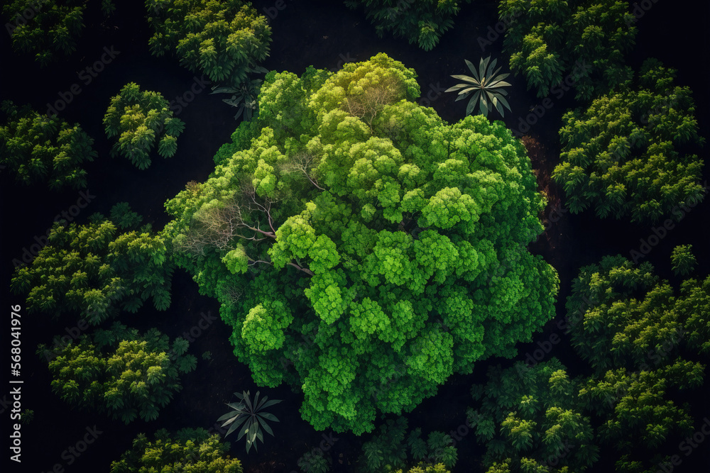 aerial image of a tree in a forest Concept and background of the rainforest ecology and a healthy environment, View of a verdant woodland from above, with copy for a website banner. Generative AI