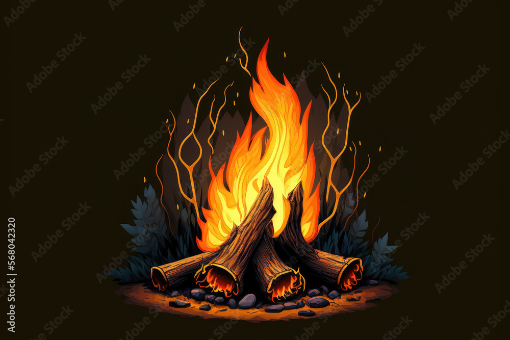 On a black background, orange flames from a campfire can be seen. Generative AI On a black background, orange flames from a campfire can be seen. Generative AI