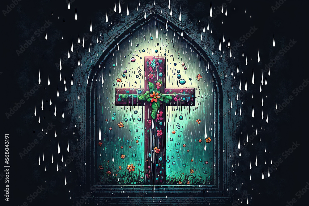 the crucifix, the church, the pouring raindrops on the glass, the tranquil sound of rain,. Generative AI