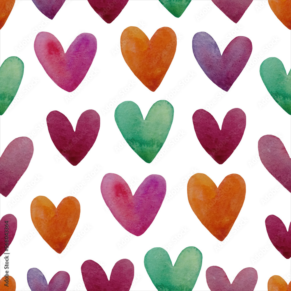 Watercolor seamless pattern with hearts. Abstract watercolor green,purple, orange, red heart background. Concept love, valentine day greeting card.