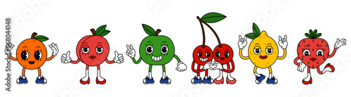 Set of funny fruits characters in trendy retro cartoon style. Vector illustration of cherry  peach  strawberry  orange  apple and lemon.