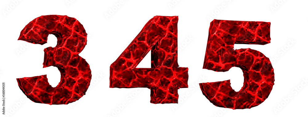 Horror blood alphabet. Damaged letters red. 3, 4, 5, 6, numbers, 3D render. White background. Horror blood alphabet. Damaged letters red. 3, 4, 5, 6, numbers, 3D render. White background.