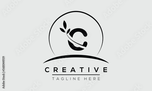 initial C circle letter logo design with leaf. C logo icon vector template.