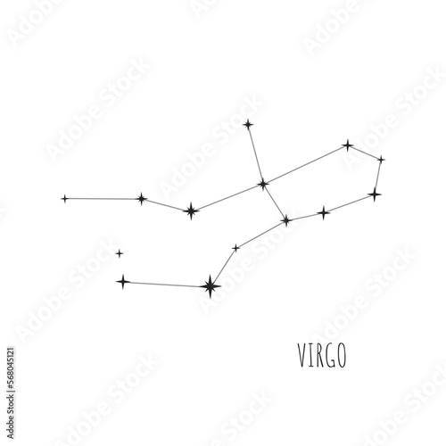 Simple constellation scheme Virgo.   Doodle, sketch, drawn style. Constellation Virgo scheme collection. Stars on white background. Zodiac sign