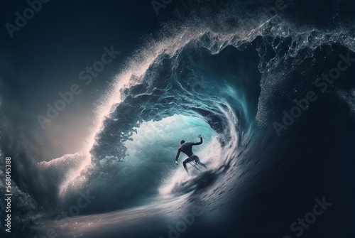 Professional surfboarder finishes riding another epic tube wave. Generative AI