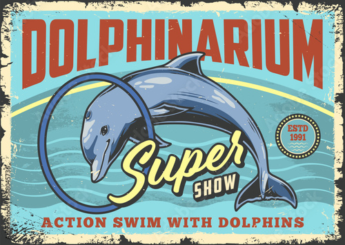 Dolphin show vintage colorful poster