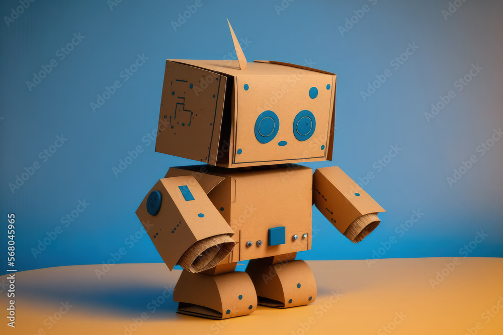 Diy robotics toy. made cardboard robot on blue panorama background with  free space. Generative AI Illustration Stock | Adobe Stock