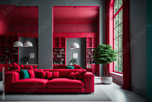 Huge living room with bright raspberry red sofas. Gray accent painting walls empty for art. Mockup luxury room hall interior design or reception lounge. Shelving and table with decor. Generative AI