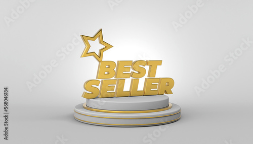 3d Golden Best Seller emblem on podium on white background
