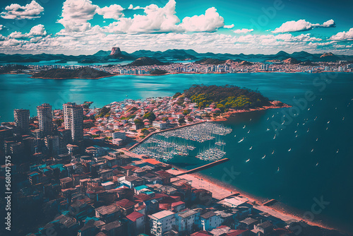 Aerial drone photo of the whole port area of Vitoria City looking over Morro do Moreno hill, Vila Velha and Vitoria cities. An unclouded day with sunshine. Generative AI photo