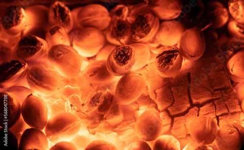 Walnuts with firewood are burning in the stove.