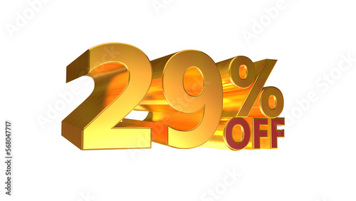 29% off on sale. Gold percent isolated on white background. 3d rendering. 
