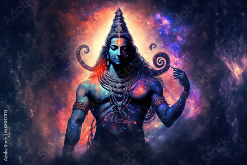 Fotografiet Lord Shiva in a transcendental spiritual image against the background of the cosmos
