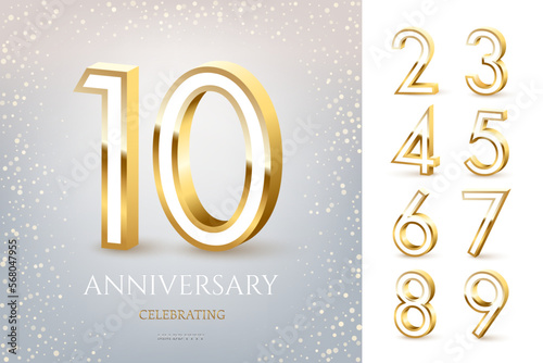 Anniversary design template with 3D gold luxury numbers and glitter of dust shower