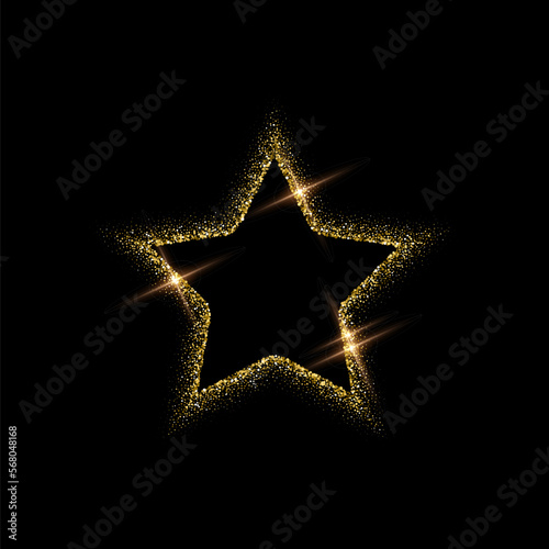 Star shape gold frame made of glitters with bright glow light effect vector illustration. Abstract golden border from luxury metal dust for swirl portal, decorative royal award on black background