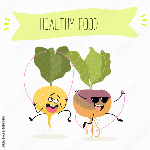 Vector Illustration with funny cartoon characters swede, rutabaga, turnip. Funny and healthy food. Vitamins, cute face food, ingredients, vegetarian, vector cartoon, antioxidant.