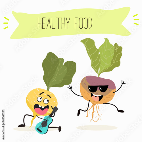 Vector Illustration with funny cartoon characters swede, rutabaga, turnip. Funny and healthy food. Vitamins, cute face food, ingredients, vegetarian, vector cartoon, antioxidant.