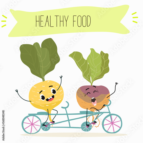 Vector Illustration with funny cartoon characters swede, rutabaga, turnip. Funny and healthy food. Vitamins, cute face food, ingredients, vegetarian, vector cartoon, antioxidant.