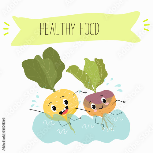 Vector Illustration with funny cartoon characters swede, rutabaga, turnip. Funny and healthy food. Vitamins, cute face food, ingredients, vegetarian, vector cartoon, antioxidant.