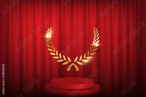 Red podium for first place with golden laurel wreath. Gold rank on stage on red curtain background. Championship in sport or movie victory in competition, nomination award vector illustration