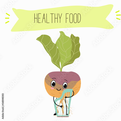Vector Illustration with funny cartoon characters swede, rutabaga, turnip. Funny and healthy food. Vitamins, cute face food, ingredients, vegetarian, vector cartoon, antioxidant.