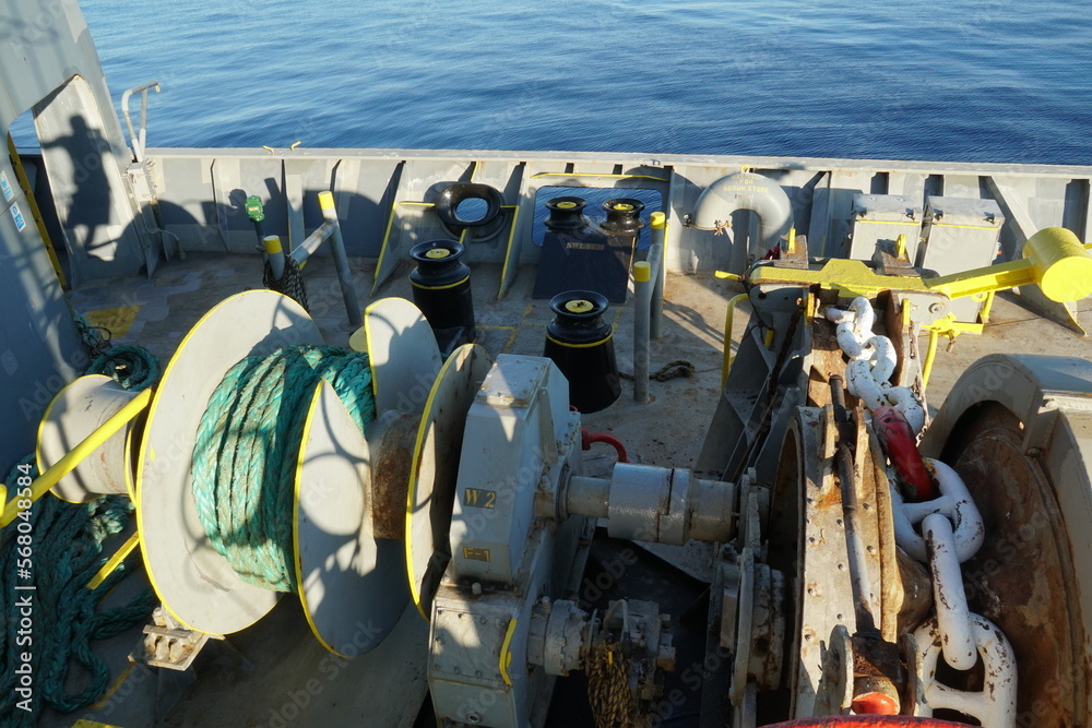 Forward port side mooring winch and anchor windlass with chain and ...