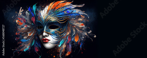 Venetian mask carnival colorful splash art masquerade mardi gars banner copy space on black illustration. Generative AI