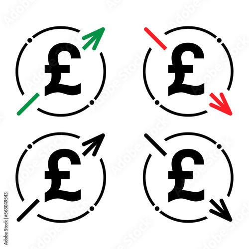 Set of cost symbol pound increase and decrease icon. Money vector symbol isolated on background